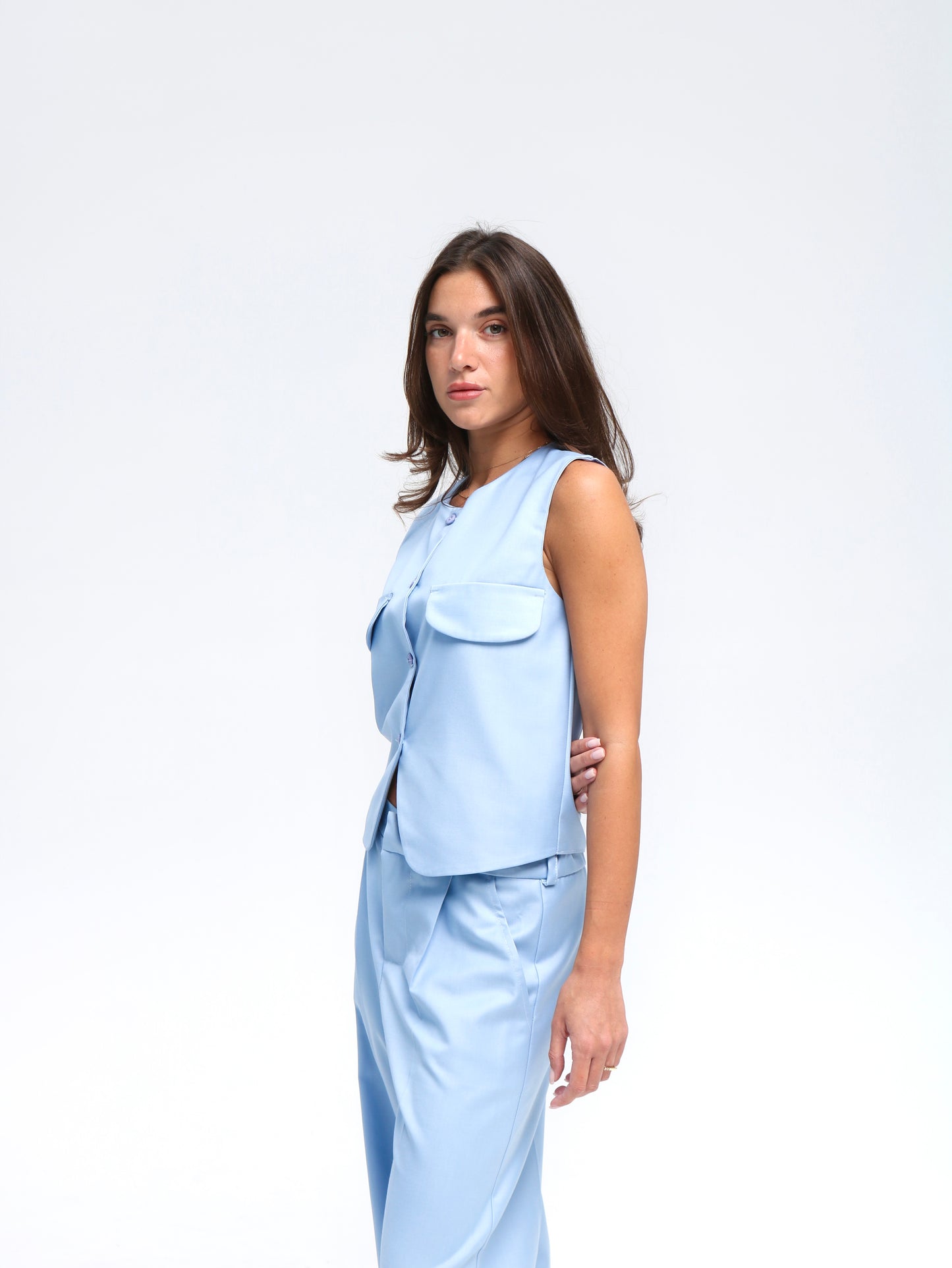 ცისფერი სამეული შარვლით და შორტით/Baby blue set with pants and shorts